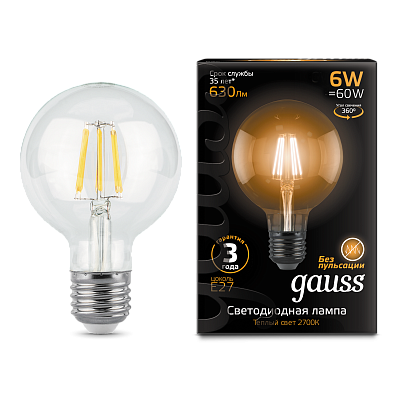 Лампа Gauss Filament G95 6W 630lm 2700К Е27 LED 105802106 (5 шт)