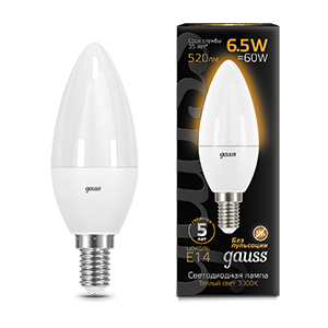 Лампа Gauss Свеча 6.5W 520lm 3000К E14 LED 103101107
