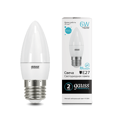 Лампа Gauss Elementary Свеча 6W 450lm 4100K Е27 LED 33226