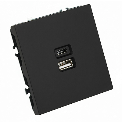 Розетка 2-местная USB + Type C (механизм), STEKKER Эмили, 250В, 20W, RST10-5115-05, черный уголь, soft touch