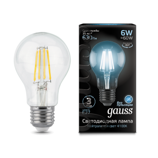 Лампа Gauss Filament А60 6W 630lm 4100К Е27 LED 102802206
