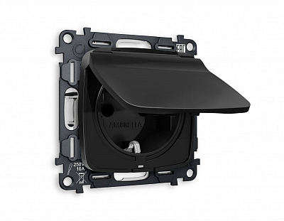 Комплект механизма электрической розетки OMEGA MO808010 Черный матовый с заземлением с шторками и защитной крышкой 2P+E 16A-250V IP44 QUANT