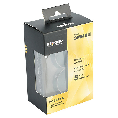 Розетка 2-местная с защитной шторкой, STEKKER Эмили, с/з, 250В, 16А, RST16-5114-09, антрацит, soft touch