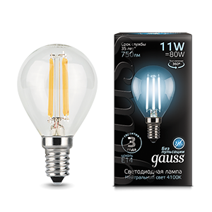 Лампа Gauss Filament Шар 11W 750lm 4100К Е14 LED 105801211