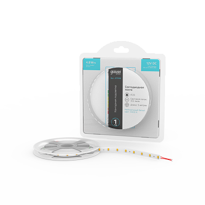 Лента Gauss Basic LED 2835/60 12V 4,8W/m 312lm/m 4000K 8mm IP20 5м 1/100 BT006