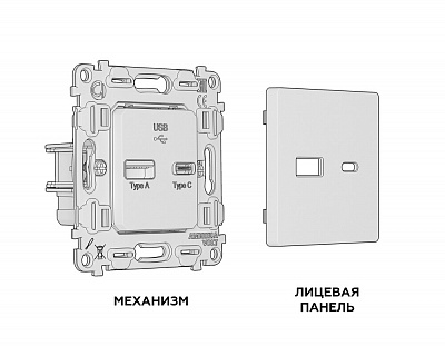 Комплект механизма розетки ALFA MA111010 Белый глянец 2USB A+C 20W быстрая зарядка QUANT