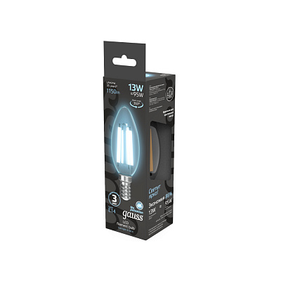Лампа Gauss Filament Свеча 13W 1150lm 4100К Е14 LED 1/10/50 103801213 (10 шт)