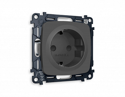 Комплект механизма электрической розетки OMEGA MO907010 Графит мягкое касание с заземлением и шторками 2P+E 16A-250V QUANT