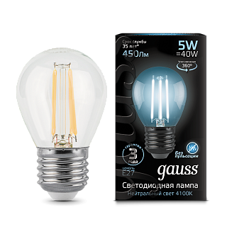 Лампа Gauss Filament Шар 5W 450lm 4100К Е27 LED 105802205