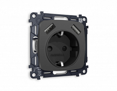 Комплект механизма электрической розетки OMEGA MO909010 Графит мягкое касание 2USB A+A 18W быстрая зарядка с заземлением и шторками 2P+E 16A-250 QUANT