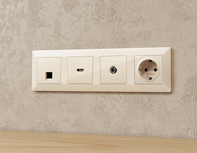 Комплект механизма компьютерной розетки ALFA MA312010 Бежевый глянец RJ-45(8P8C) CAT6 с защитной шторкой QUANT