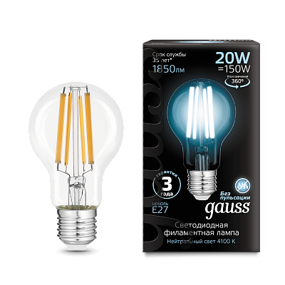 Лампа Gauss Filament А60 20W 1850lm 4100К Е27 LED 102902220 (5 шт)
