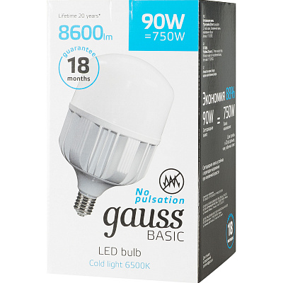 Лампа Gauss Basic T160 AC180-240V 90W 8600lm 6500K E40 LED 11734392