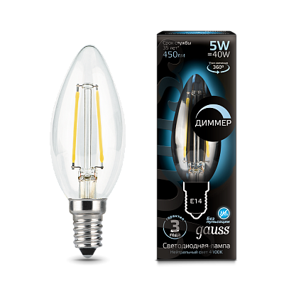 Лампа Gauss Filament Свеча 5W 450lm 4100К Е14 LED 103801205-D (20 шт)
