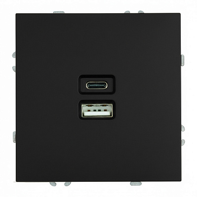 Розетка 2-местная USB + Type C (механизм), STEKKER Эмили, 250В, 20W, RST10-5115-05, черный уголь, soft touch