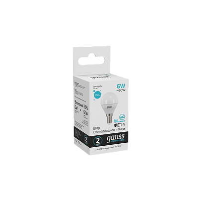 Лампа Gauss Elementary Шар 6W 450lm 4100K Е14 LED 53126 (2 шт)