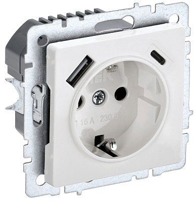 Розетка с заземлением и защитными шторками USB IEK Brite A+C 18Вт РЮш11-1-БрБ белый BR-R14-16-U22-018-K01