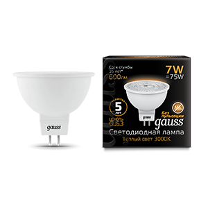 Лампа Gauss MR16 7W 600lm 3000K GU5.3 LED 101505107 (3 шт)