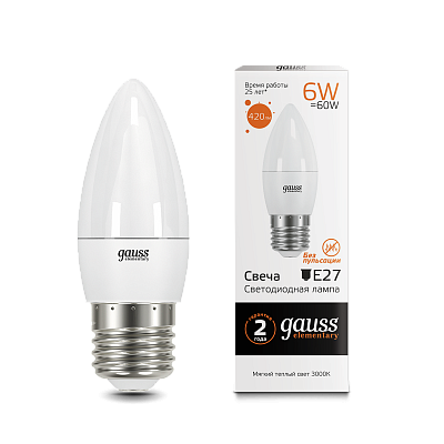 Лампа Gauss Elementary Свеча 6W 420lm 3000K Е27 LED 33216