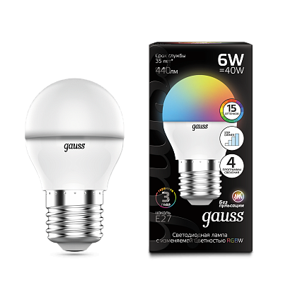 Лампа Gauss Шар G45 6W E27 RGBW+димирование LED 105102406