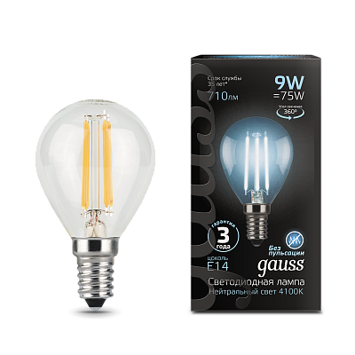 Лампа Gauss Filament Шар 9W 710lm 4100К Е14 LED 105801209 (3 шт)