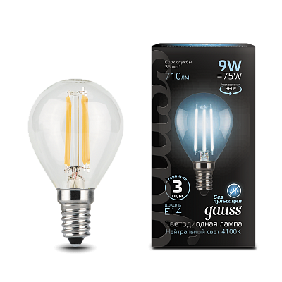 Лампа Gauss Filament Шар 9W 710lm 4100К Е14 LED 105801209