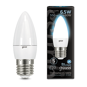 Лампа Gauss Свеча 6.5W 550lm 4100К E27 LED 103102207