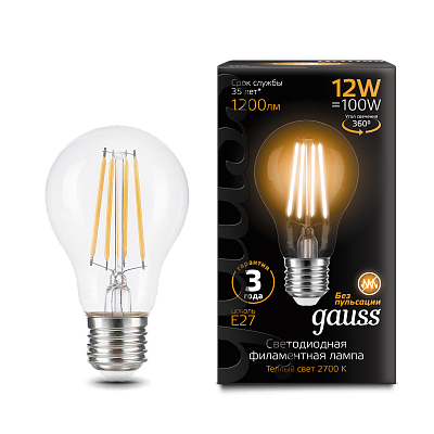 Лампа Gauss Filament А60 12W 1200lm 2700К Е27 LED 102902112