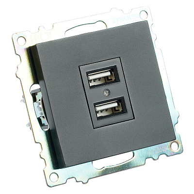 Розетка USB 2-местная (механизм), STEKKER Катрин GLS10-7115-05, 250B, 2,1А, черный