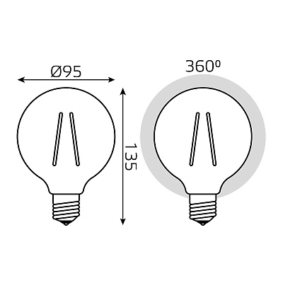 Лампа Gauss Filament G95 6W 620lm 2400К Е27 golden диммируемая LED 1/20 105802006-D