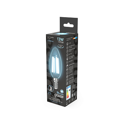Лампа Gauss Filament Свеча 13W 1150lm 4100К Е14 LED 1/10/50 103801213 (10 шт)
