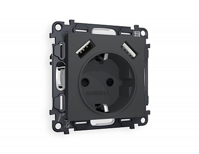 Комплект механизма электрической розетки ALFA MA909010 Графит мягкое касание 2USB A+A 18W быстрая зарядка с заземлением и шторками 2P+E 16A-250V QUANT