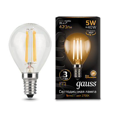 Лампа Gauss Filament Шар 5W 420lm 2700К Е14 LED 105801105 (2 шт)