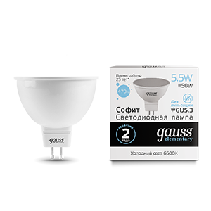 Лампа Gauss Elementary MR16 5.5W 470lm 6500К GU5.3 LED 13536