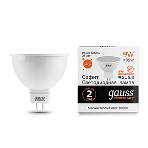 Лампа Gauss Elementary MR16 9W 640lm 3000K GU5.3 LED 13519