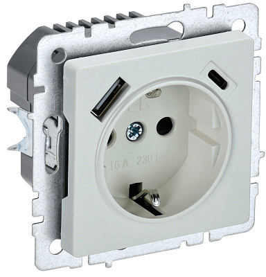 Розетка с заземлением и защитными шторками USB IEK Brite A+C 18Вт РЮш11-1-БрЖ жемчуг BR-R14-16-U22-018-K36