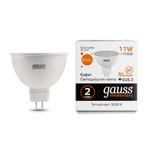 Лампа Gauss Elementary MR16 11W 850lm 3000K GU5.3 LED  13511 (10 шт)