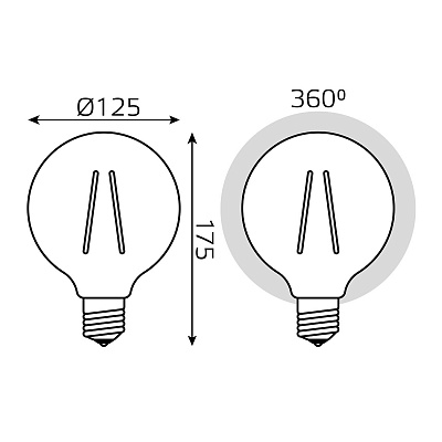 Лампа Gauss Filament G125 10W 820lm 2400К Е27 golden диммируемая LED 158802010