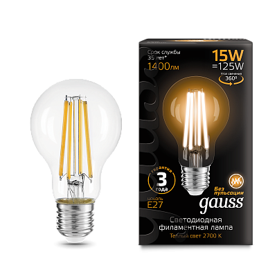 Лампа Gauss Filament А60 15W 1400lm 2700К Е27 LED 102902115 (20 шт)