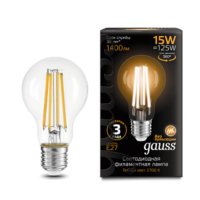 Лампа Gauss Filament А60 15W 1400lm 2700К Е27 LED 102902115