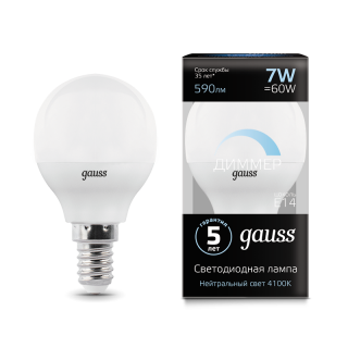 Лампа Gauss Шар 7W 590lm 4100К Е14 LED 105101207-D
