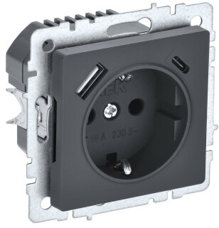 Розетка с заземлением и защитными шторками USB IEK Brite A+C 18Вт РЮш11-1-БрГ графит BR-R14-16-U22-018-K53