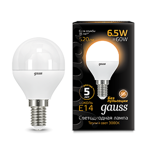 Лампа Gauss Шар 6.5W 520lm 3000K E14 LED 105101107