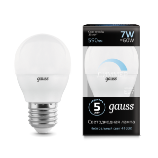 Лампа Gauss Шар 7W 590lm 4100К Е27 LED 105102207-D